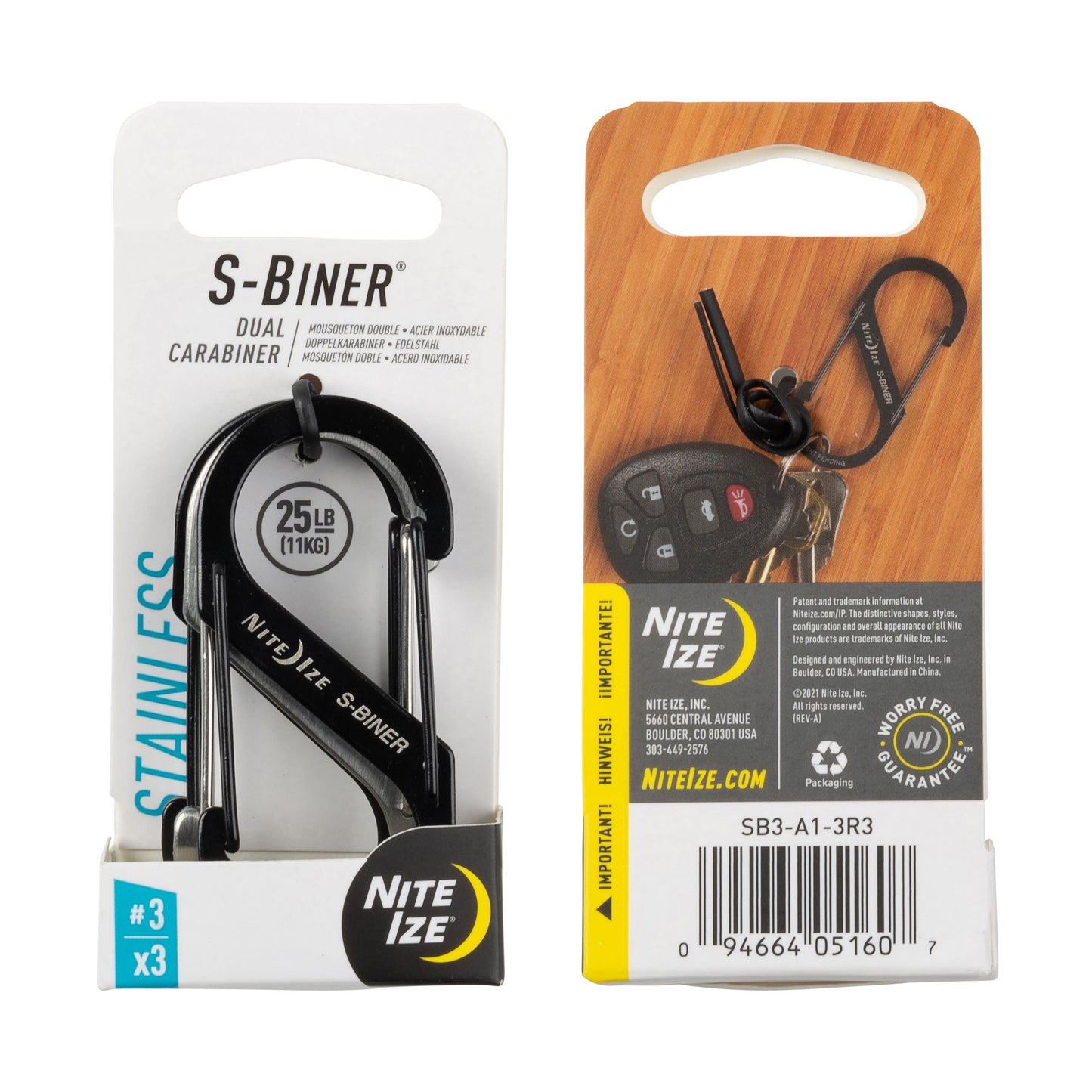 Nite Ize S-Biner Dual-Biner SS #3 (3pc Pack) (Black/Stainless) SB3-A1-3R3
